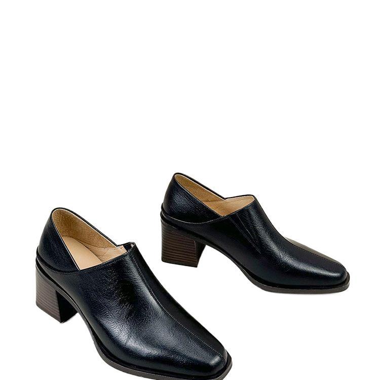 Brązowe retro szpilki damskie wiosenno-jesienne uniwersalne nowe grube obcasy kwadratowy nosek buty na co dzień głęboki dekolt miękka skóra profesjonalne małe le
