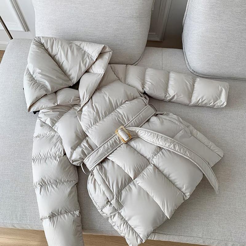 Winter Hooded Women's Down Jackets Warm Casual Lace Up Coat Puffer Jacket Belt Elegant Parka Overcoat