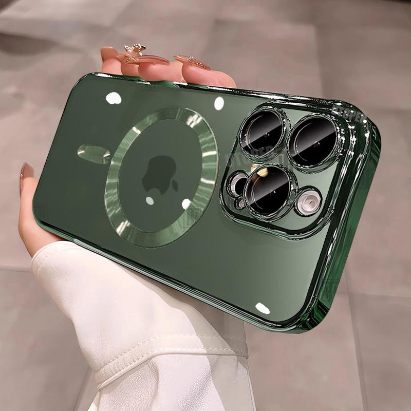 New Plating Fall Prevention TPU Phone Case For iPhone 16 15 14 13 12 11 Pro Max Plus Magsafe Magnetic Clear Lens Film Soft Cover