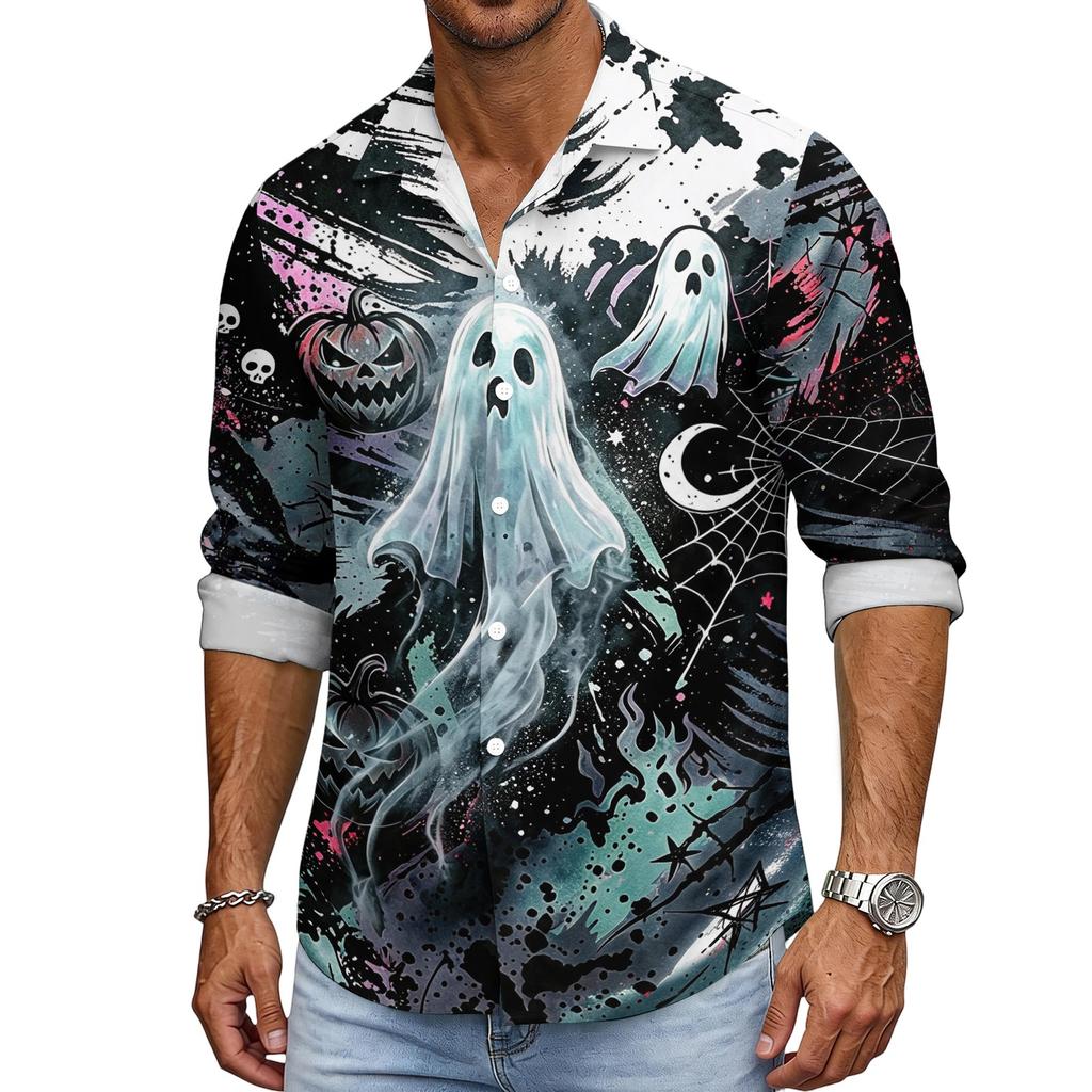 Men's Halloween Long Sleeve Button Down Shirt with Collar Casual for Holiday Parties