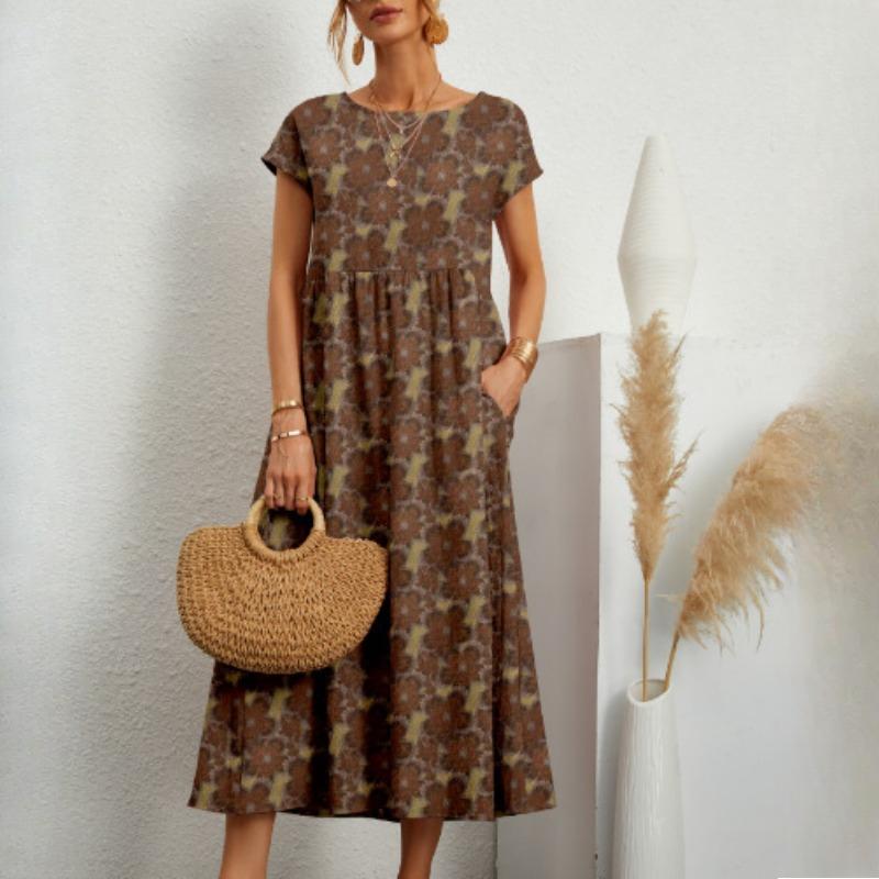 GMXIA Fashion Women's Loose Cotton and Linen O-Neck Printed Summer Dresses