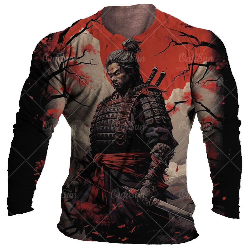 Japanisches Samurai-T-Shirt aus Baumwolle mit 3D-Aufdruck im japanischen Stil, langärmelige Oberteile, lässiges Herren-T-Shirt, übergroße Vintage-Herrenbekleidung