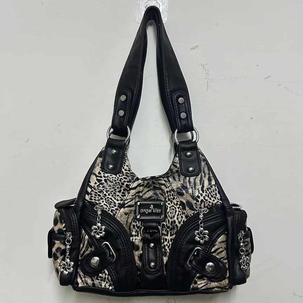 Angel Kiss Stil Retro Abgenutzte Leder Hobo Tasche, Edgy Y2K Umhängetasche Geräumige Schultertasche mit Mehreren Taschen für den Alltag