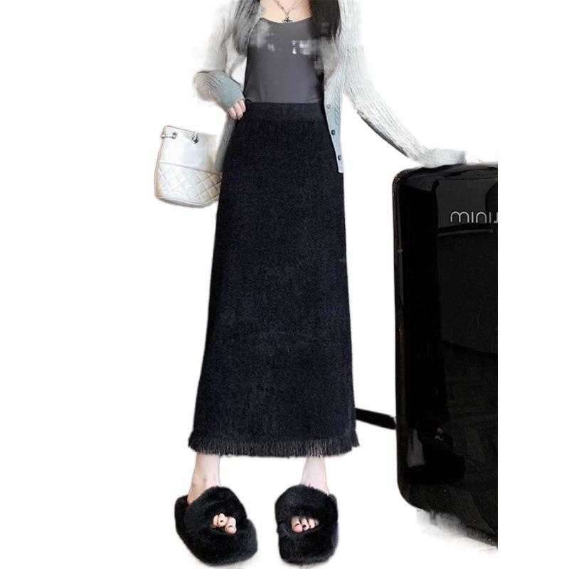 Φούστα Μίντι Α-γραμμής με Φούντες από Μινκ, Φθινοπωρινή-Χειμερινή Μάλλινη Φούστα Υψηλόμεση