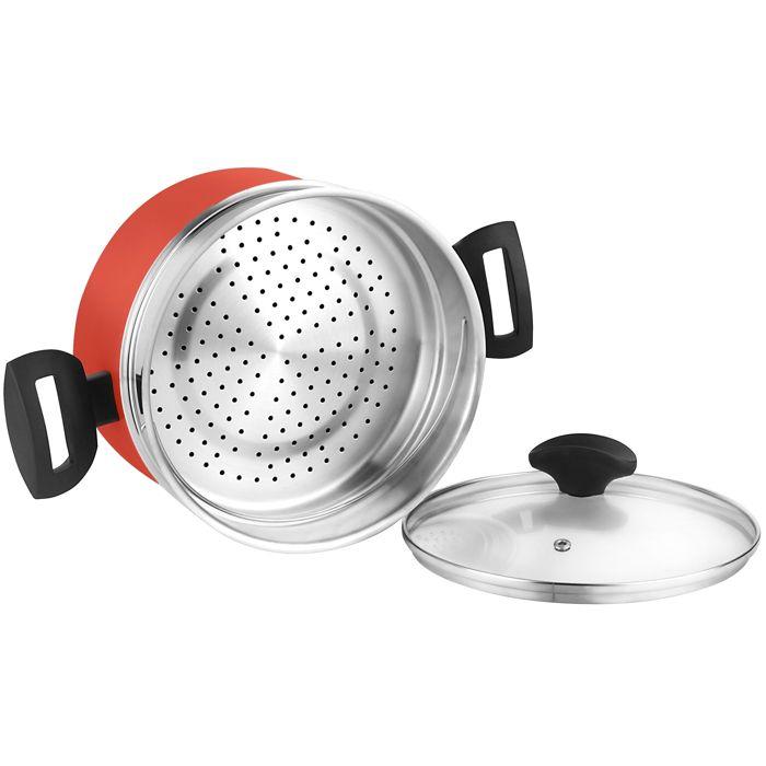 Faitout à vapeur - FAGOR - Maxima - 20 cm - Acier inoxydable - Couvercle en verre rouge