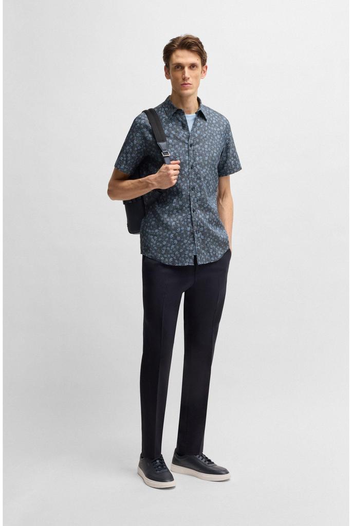 BOSS Schmal geschnittenes Blumenprint Stretch-Leinen Dunkel Größe L Herrenhemd, Blau,
