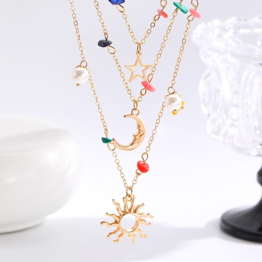 Layered Star Moon Sun Pendant Necklace with Colorful Beads and Pearls Bohemian Style Women Jewelry