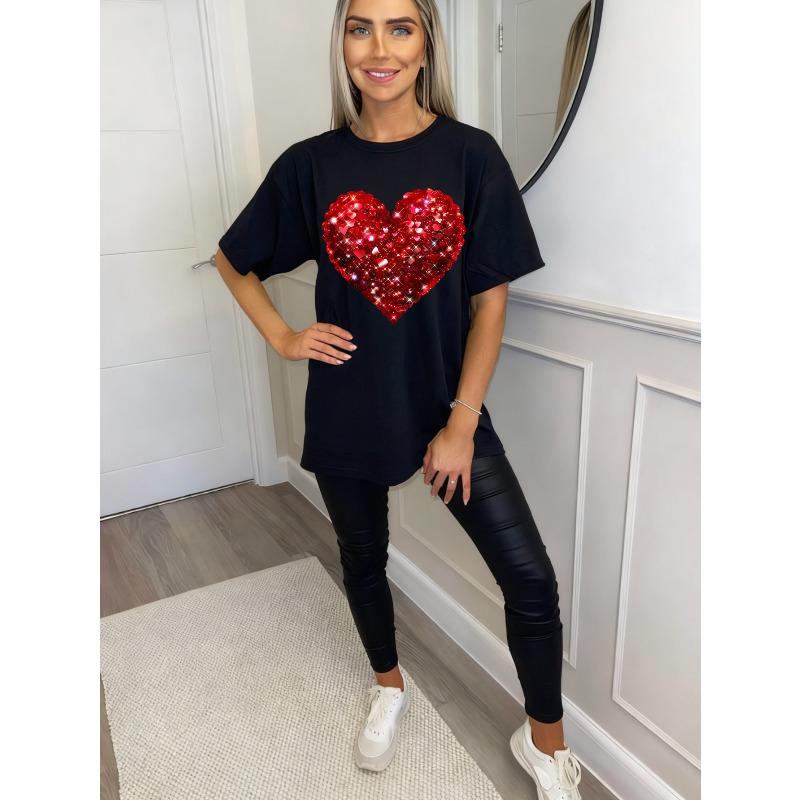 Black Oversized T Shirt With Red Sequin Heart Print For Casual Wear And Party Outfits