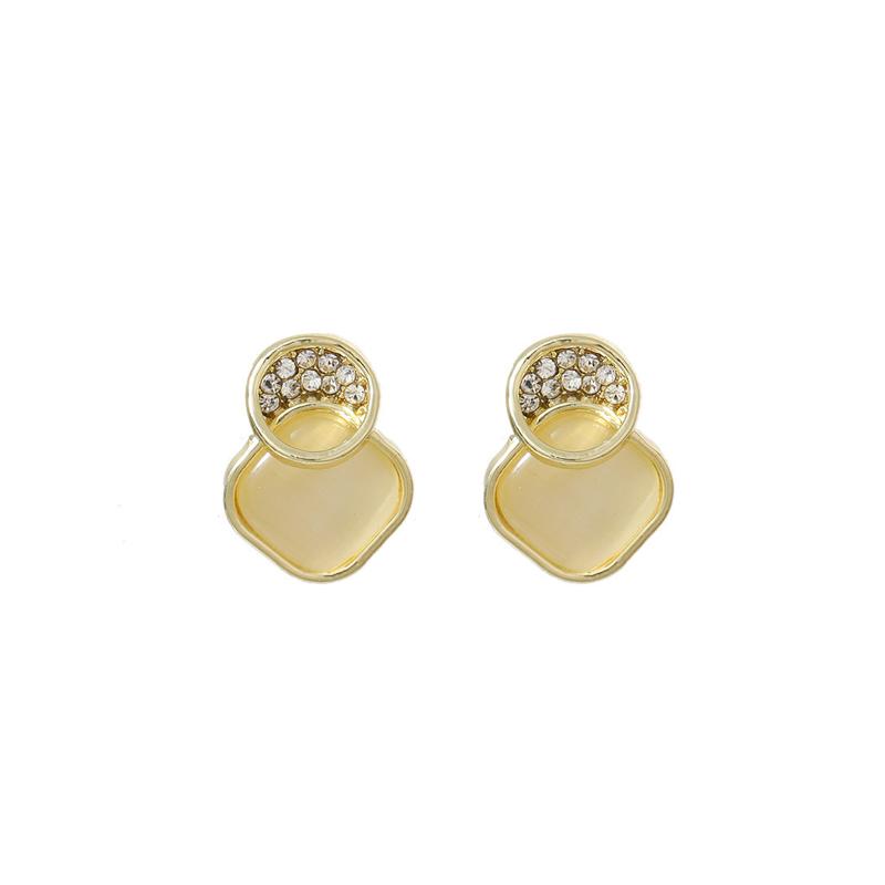 New In Opal Rhombus Stud Earrings for Female Round Rhinestone Top Geometric Statement Women's Unusual Earrings