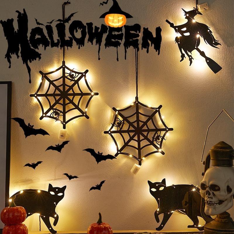LED Light Up Halloween Hanging Ghost Spider Web Bat Ornaments Halloween Party Horror Props Indoor Outdoor Home Decoration Gifts