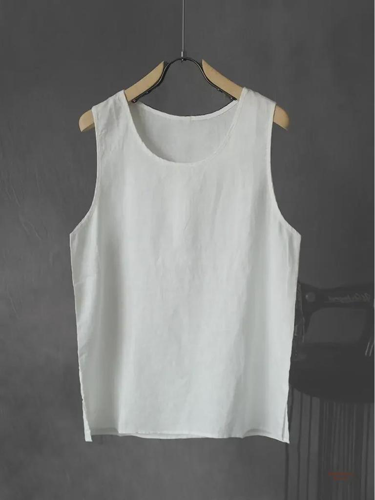 2024 Ärmelloses, lockeres Leinen-T-Shirt für Herren: Jugendliche, trendige, einfarbige, leichte Sommerweste.