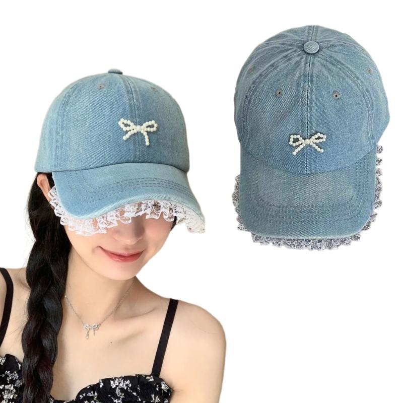 Stylish Women Fabric Baseball Hat with 3D Pearls Bowknot and Lace Trim for Outdoor Sports Activity Breathable Headwear