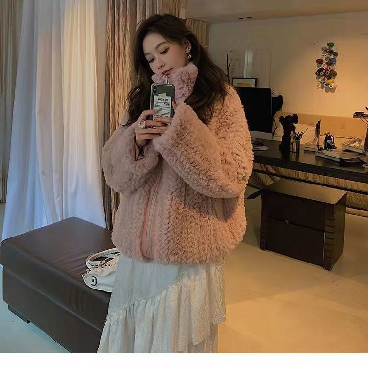 New imitation Rex rabbit fur coat women's winter short lamb plush loose stand-up collar fur coat