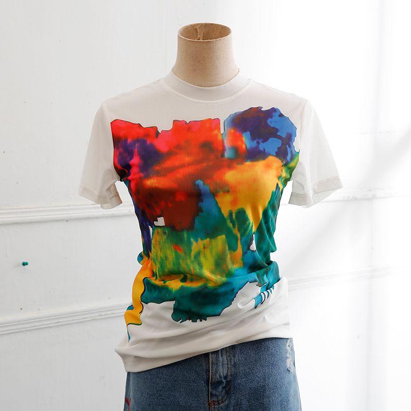 

Шикарная облегающая футболка из сетки с принтом, воротником-стойкой и короткими рукавами White 3XL