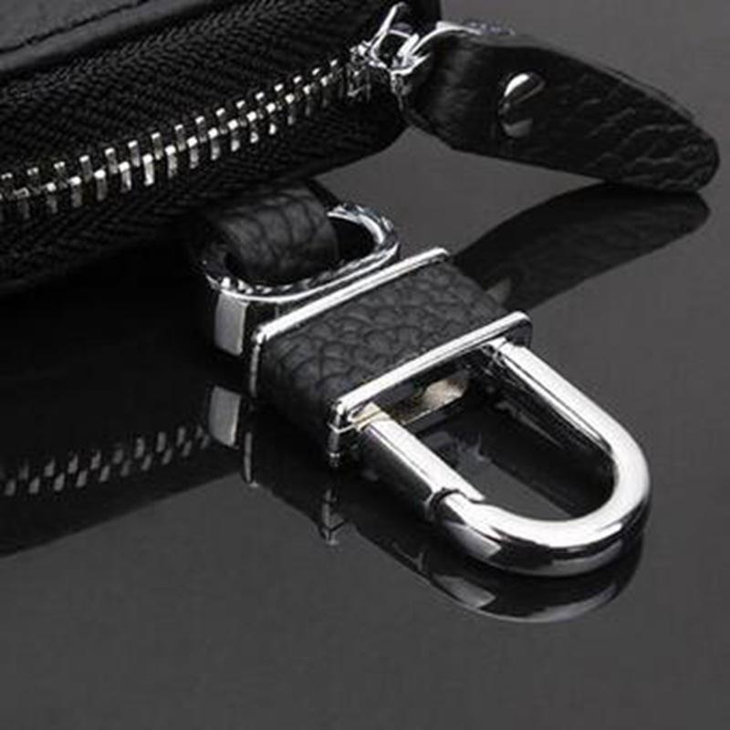 Lychee Grain Cowhide Key Case with Zipper - Pure Black