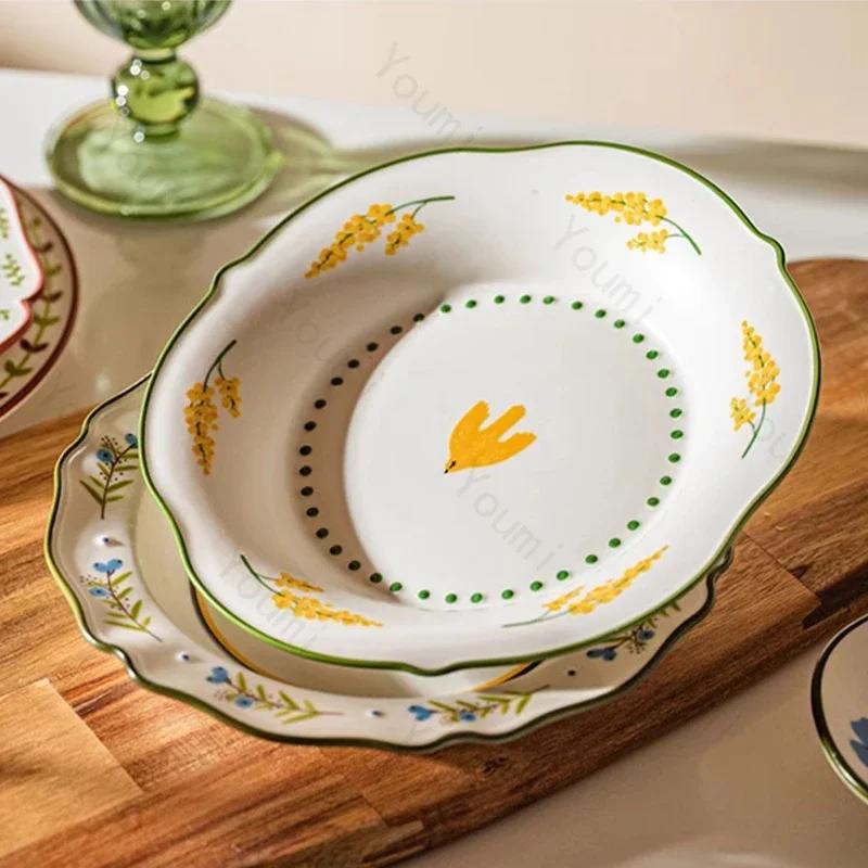 Light Luxury Flowers Ceramic Plates High End Restaurant Salad Dessert Plate Delicious Dishes Dining Plates Unique Home Tableware