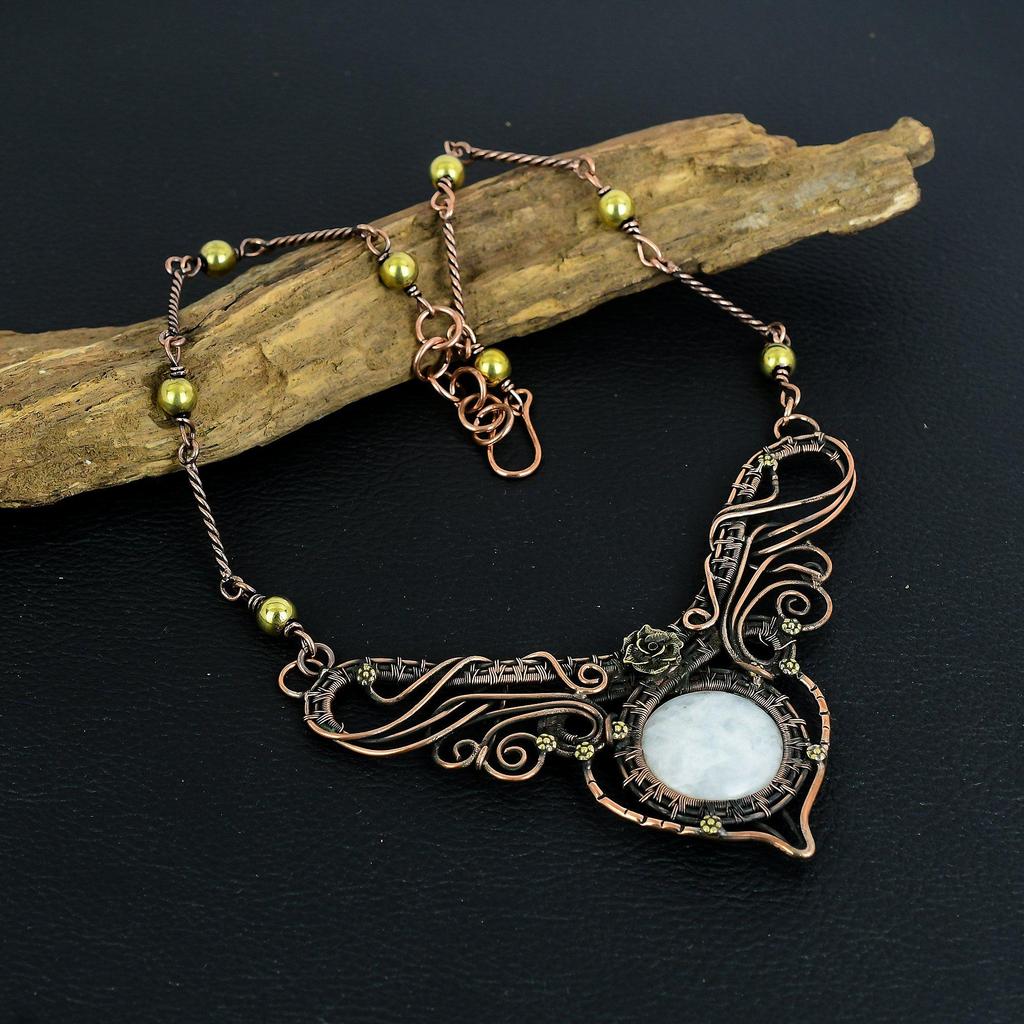 Rainbow Moonstone Necklace Gemstone Jewelry, 999 Copper Wire Wrapped Necklace, Adjustable Handmade Beautiful Jewelry Chain Necklace