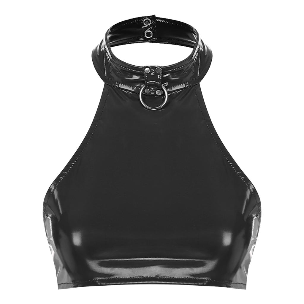 Women O Ring Halter Top Backless Sleeveless Patent Leather Crop Vest Club Music Festival Party Top