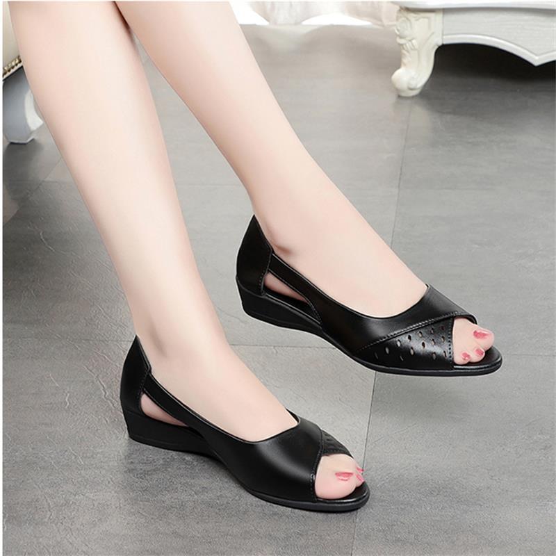 beef tendon sole sandals women's soft leather flat bottom comfortable fish mouth shoes new versatile hollow mother shoes wedge heel women's sandals