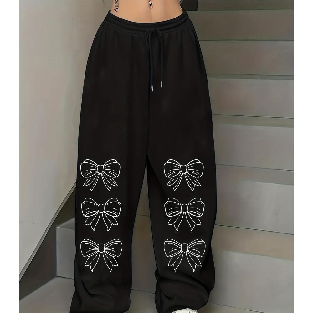 White bow print sweatpants with drawstring elastic waistband American casual trend women's straight pants