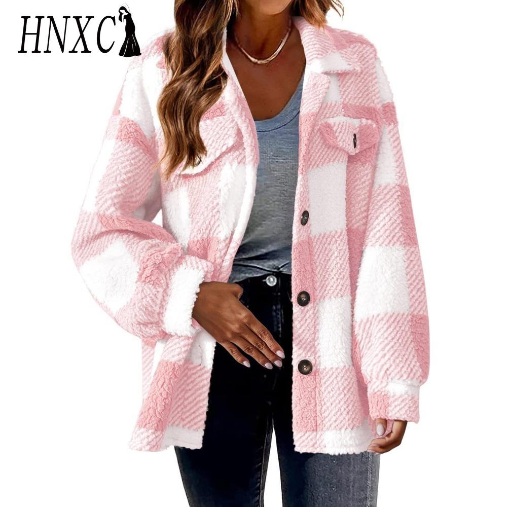 HNXC Damen Vintage Lässig Karomuster Herbst Winter Langarm POLO Kragen Jacken & Mäntel