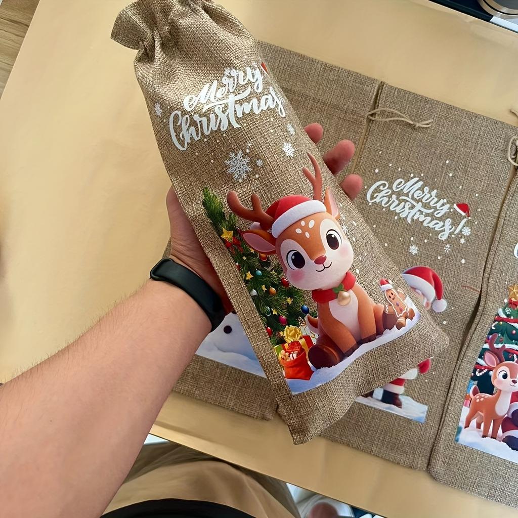 Christmas Wine Bags with Drawstring, Jute Hessian Burlap Wine Gift Bottle Bags, Reusable Fabric Bottle Gift Bags  for Christmas