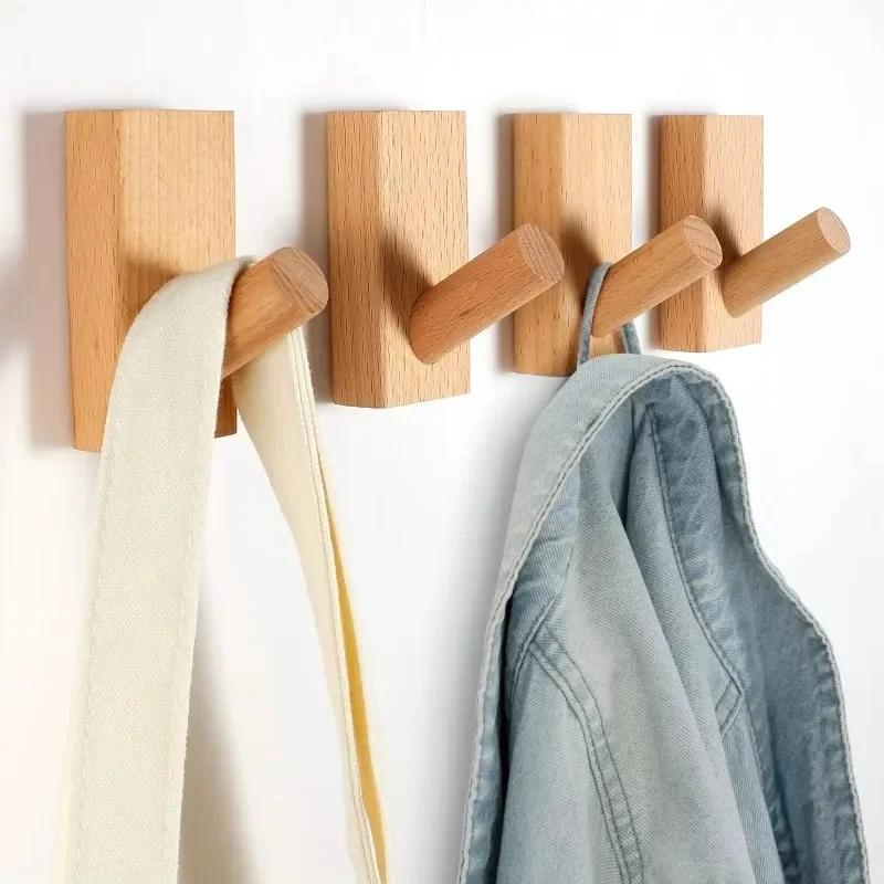 1/6PCS Punch Free Wall Hooks with Glue Wooden Round Square Bags Clothes Towels Hanging Hanger Home Bedroom Kitchen Storage Racks