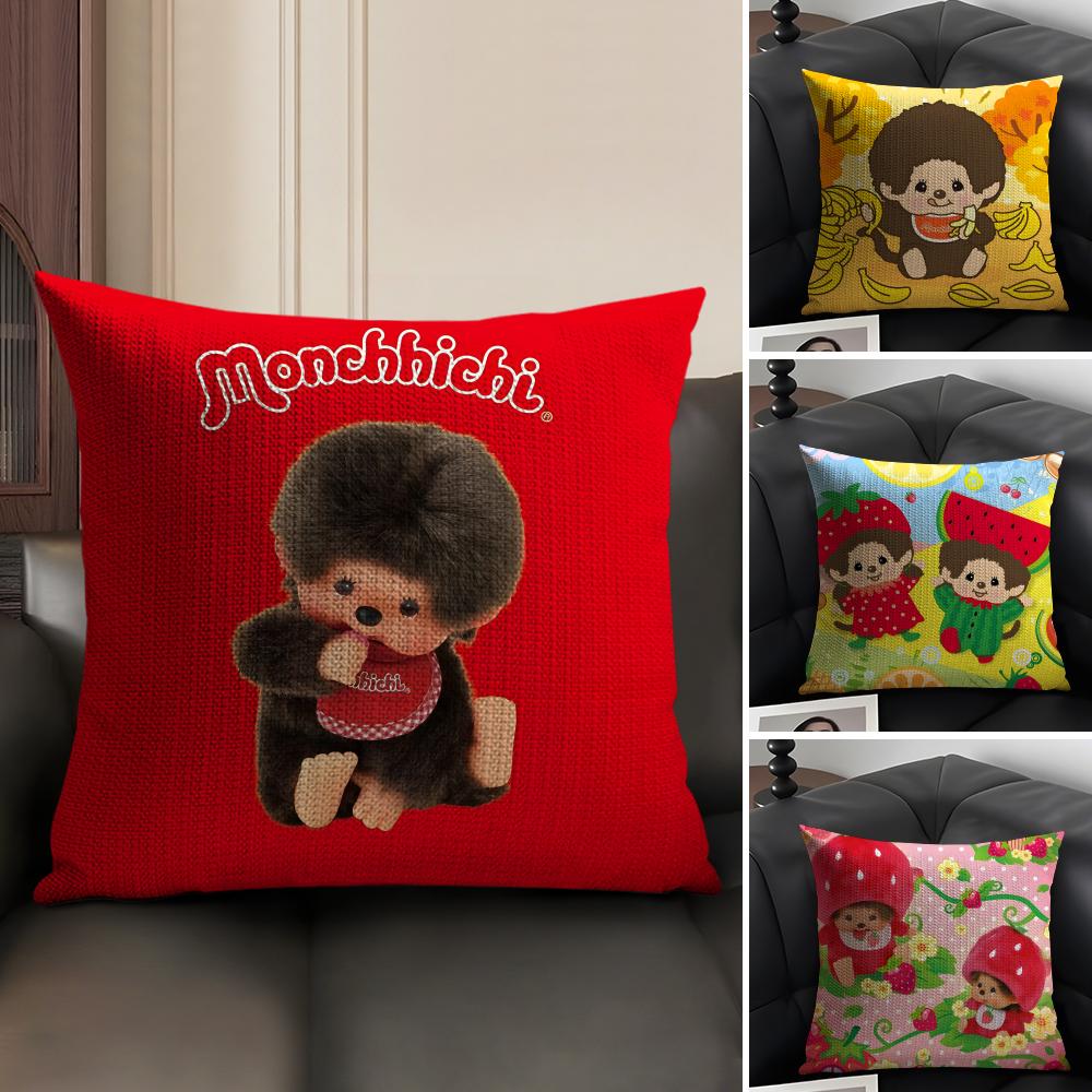 M-Monchhichi Cute Cushion Cover Natural Linen Organic Fabric Double-Sided Printing Sofa Home Decor Gift Pillow Case
