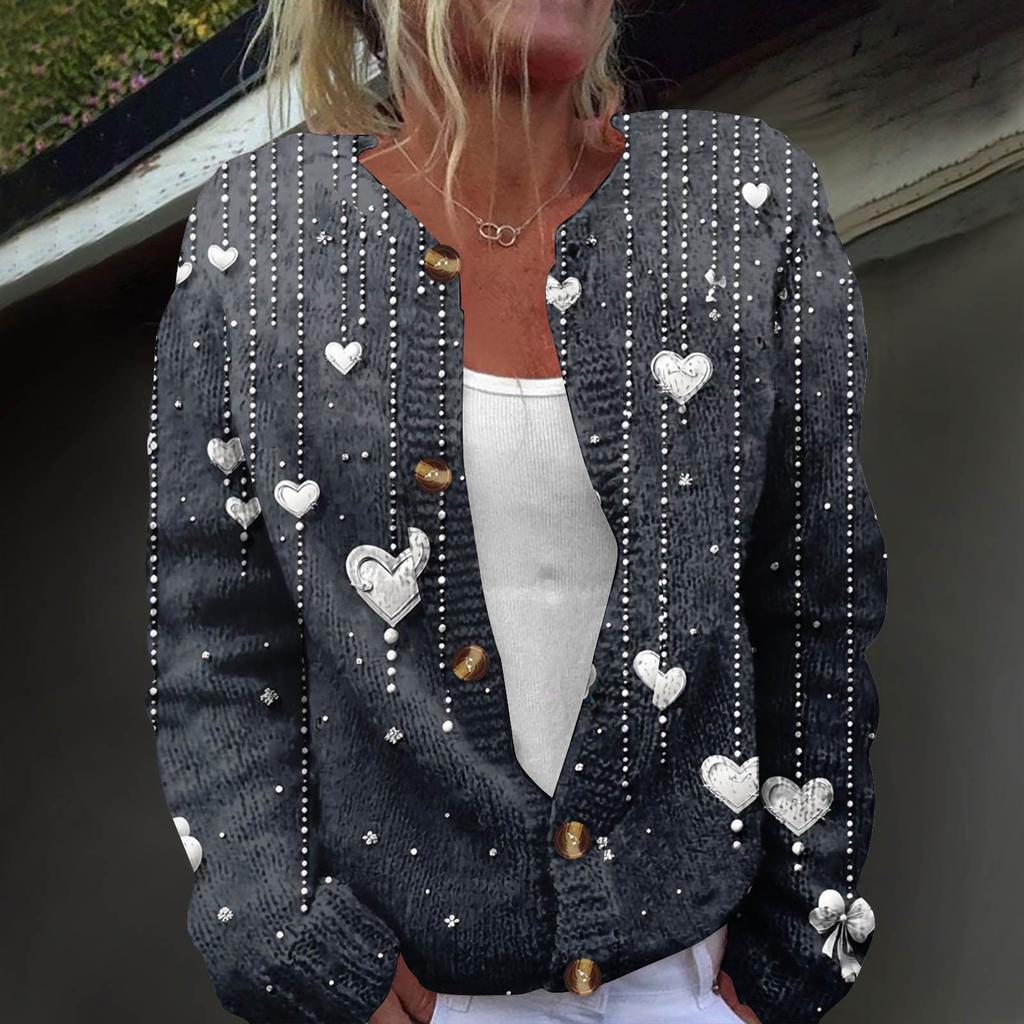Women's Fashion Printed Long Sleeve Knitted Cardigan Button Down Jacket