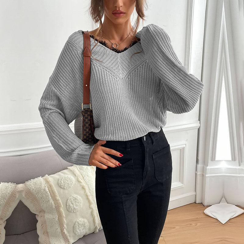 Autumn and Winter 2026 New Lace Pullover V-neck Knitted Sweater Women S светло-серый
