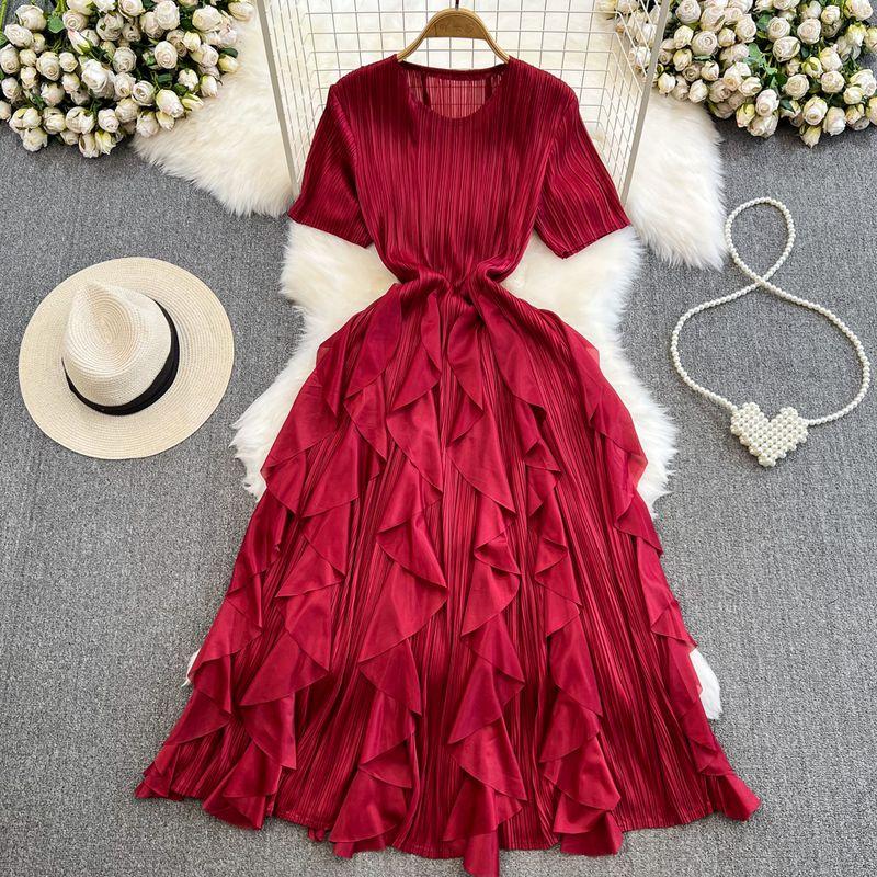 

Sanzhai Ruched Fairy round Neck A- line Ruffled Long Dress Red All yards