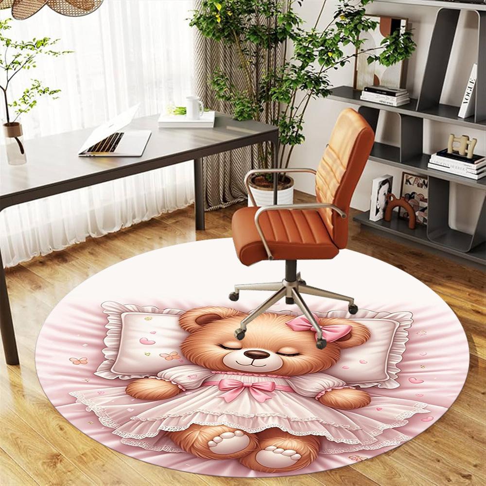 1PC Teddy Bear Pink Dress Sleep Round Chair Mat Area Rug - Non-Slip, Floor Mat for Office, Bedroom, Home Decor Christmas Gift C0528108