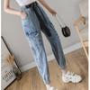 2022 Loose Hip Hop Leisure Korean Womens Pants Punk Pockets Jeans High Elastic Waist Button Harem Harajuku Denim Causal Cargo