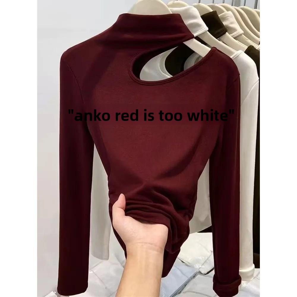 

Fleece Lined Brushed Hollow out Long Sleeve Polo Neck Base Shirt Slim Fit Women s Fashionable T-Shirt Autumn Winter New Style 4XL червоний