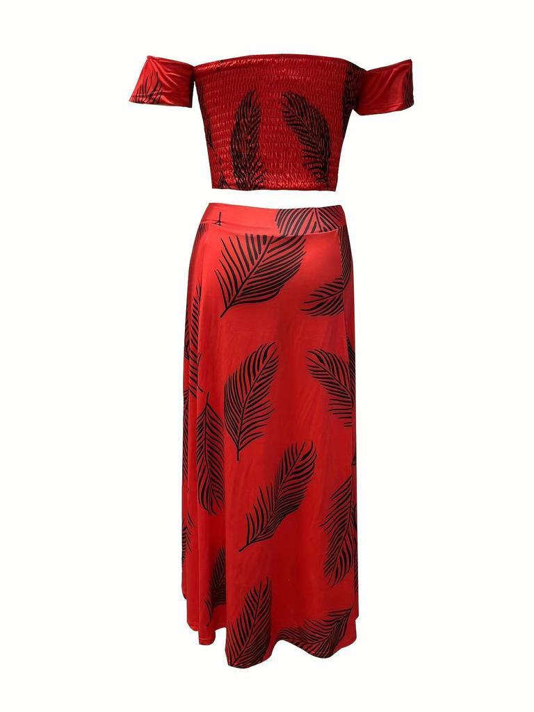 2024 European & American Summer Slim-Fit Strapless Bohemian Mid-Length Vintage Print Dress Set