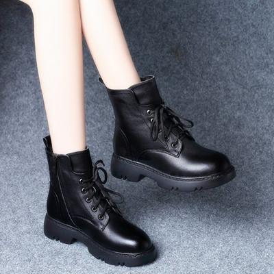 Martin Boots Women's New Autumn and Winter Short Leg Thick Soled Lace-up Ankle Boots Plus Fleece Winter Martin Boots
