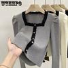 Women spring autumn vintage Long Sleeve Jumper Spliced Square Neck Soft Comfortable Slim Button Decoration Front Knit Sweater