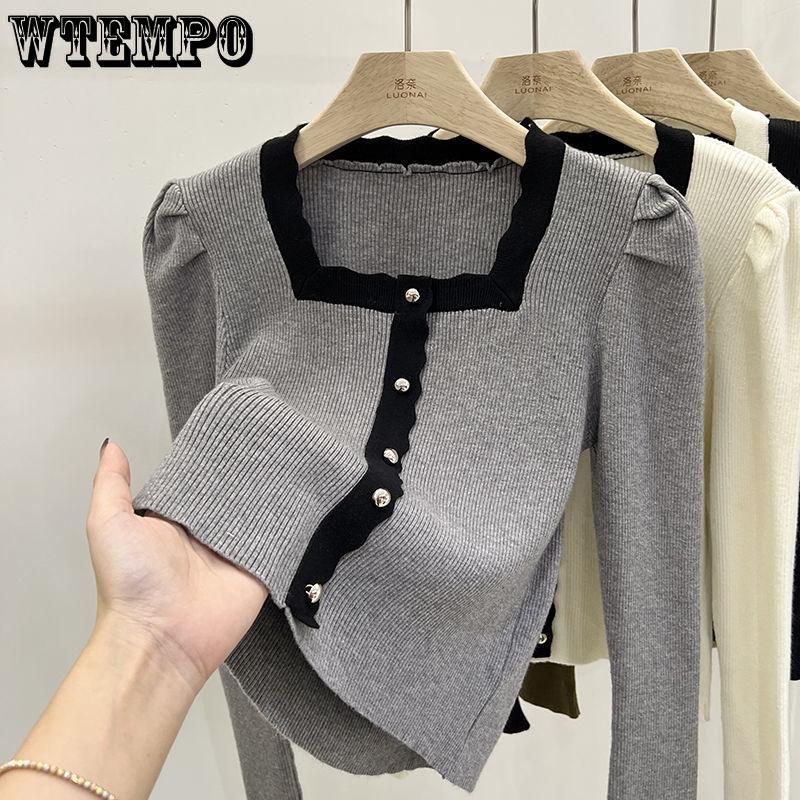 Women spring autumn vintage Long Sleeve Jumper Spliced Square Neck Soft Comfortable Slim Button Decoration Front Knit Sweater