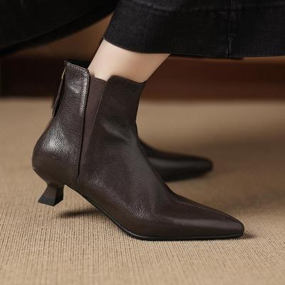 Sheepskin Winter Pointed Toe Preppy Style Stiletto Thin Med Heels Women Zip Light Shoes Women Ankle Boots