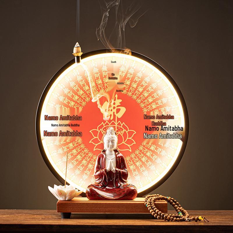 Ceramic Seated Guanyin On Lotus with Light Ring and Anjali Mudra for Home Decor
