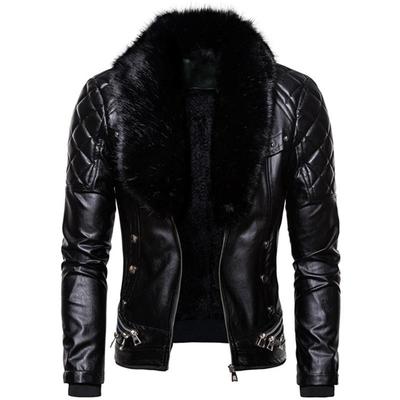 Chaqueta de motociclista con cuello vuelto y lana para hombre, abrigo de piel sintética cálido y ajustado, extraíble, para otoño