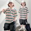 Boys' short sleeved T-shirt for summer 2026, new mid size children's striped T-shirt, thin children's summer polo shirt