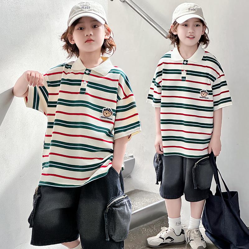 Boys' short sleeved T-shirt for summer 2026, new mid size children's striped T-shirt, thin children's summer polo shirt
