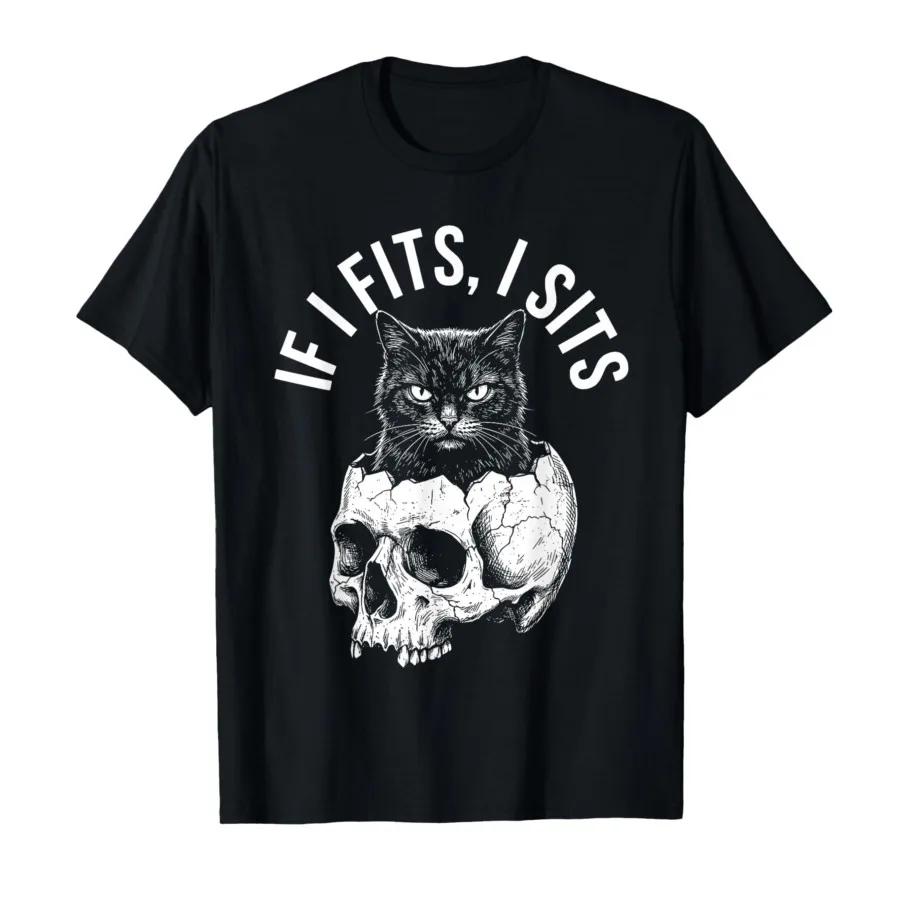 If I Fits I Sits Black Skull Cat Minimalist Meme Humor Funny Tshirt For Men Women 100 Cotton T Shirts Short Sleeve Tops 04201