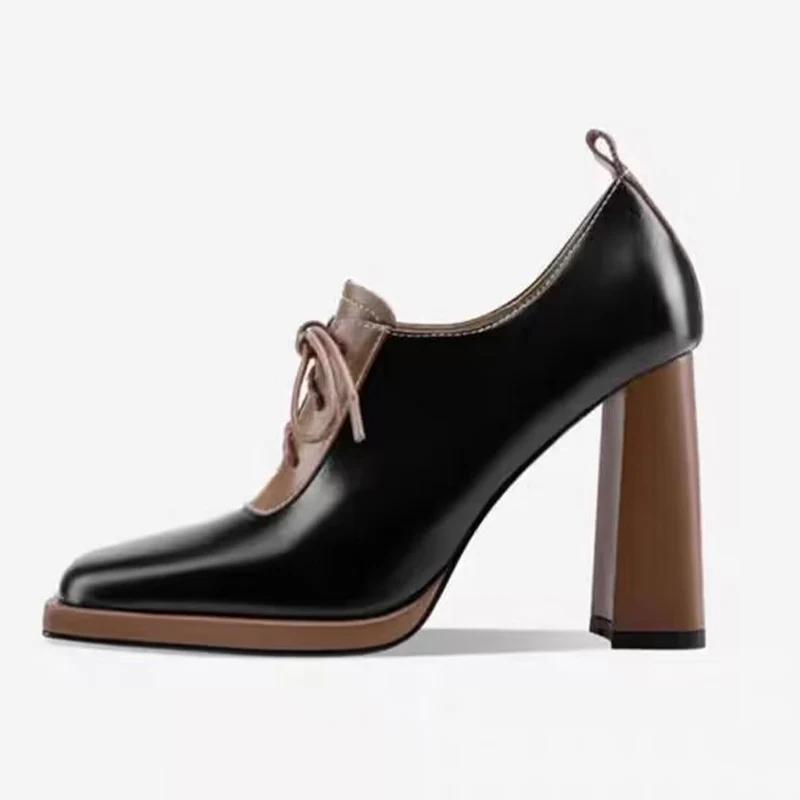 Plataforma Salto Alto Moda Sapatos de Couro Mulher Outono Bico Quadrado Tratorados Marca Sapatos Oxford Mulher Luxo Vestido Festa Scarpins