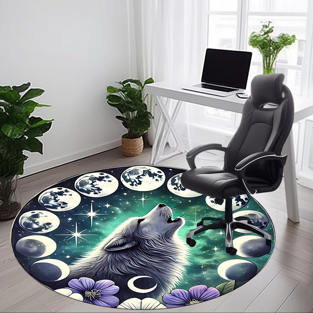 1pc Moon Wolf Office Round Area Rug, Under Office Chairs Bedroom Living Room Home Decor, Room Deco