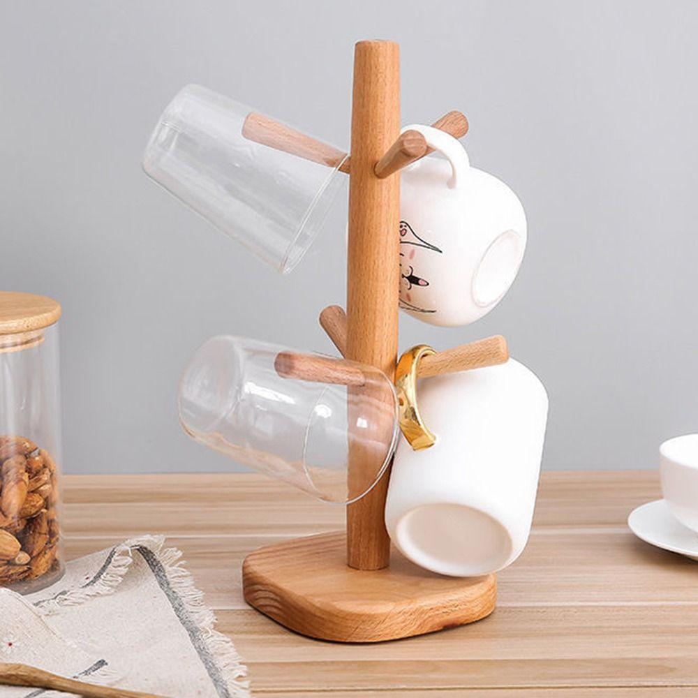 Wooden Mug Hanging Display Rack 6 Hooks Tea Cups Drainer Tabletop Drinkware Shelf  Home Decor