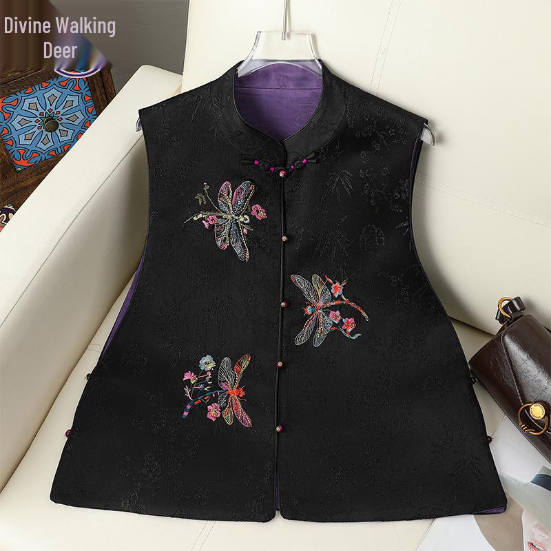 

Elegant Double-Sided Embroidered Vest for Women - New Chinese Style, Perfect for Spring & Autumn 4XL чёрный