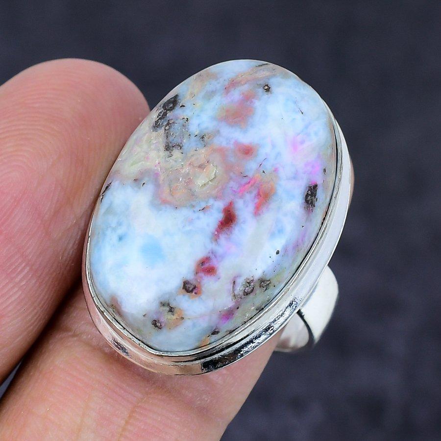 Natural Larimar Gemstone Handmade 925 Sterling Silver Jewelry Ring Size 9.5 Q2U09