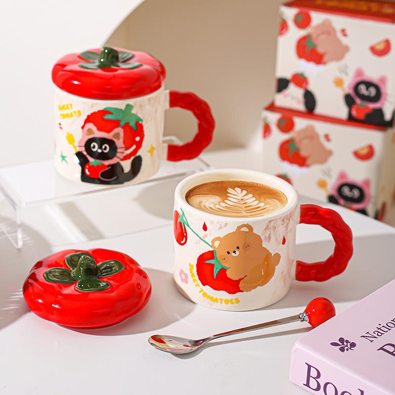 Persimmon Ruyi Ceramic Mug Cute Water Cup High Precision Birthday Gift Cup with Lid Coffee Cup Breakfast Cup